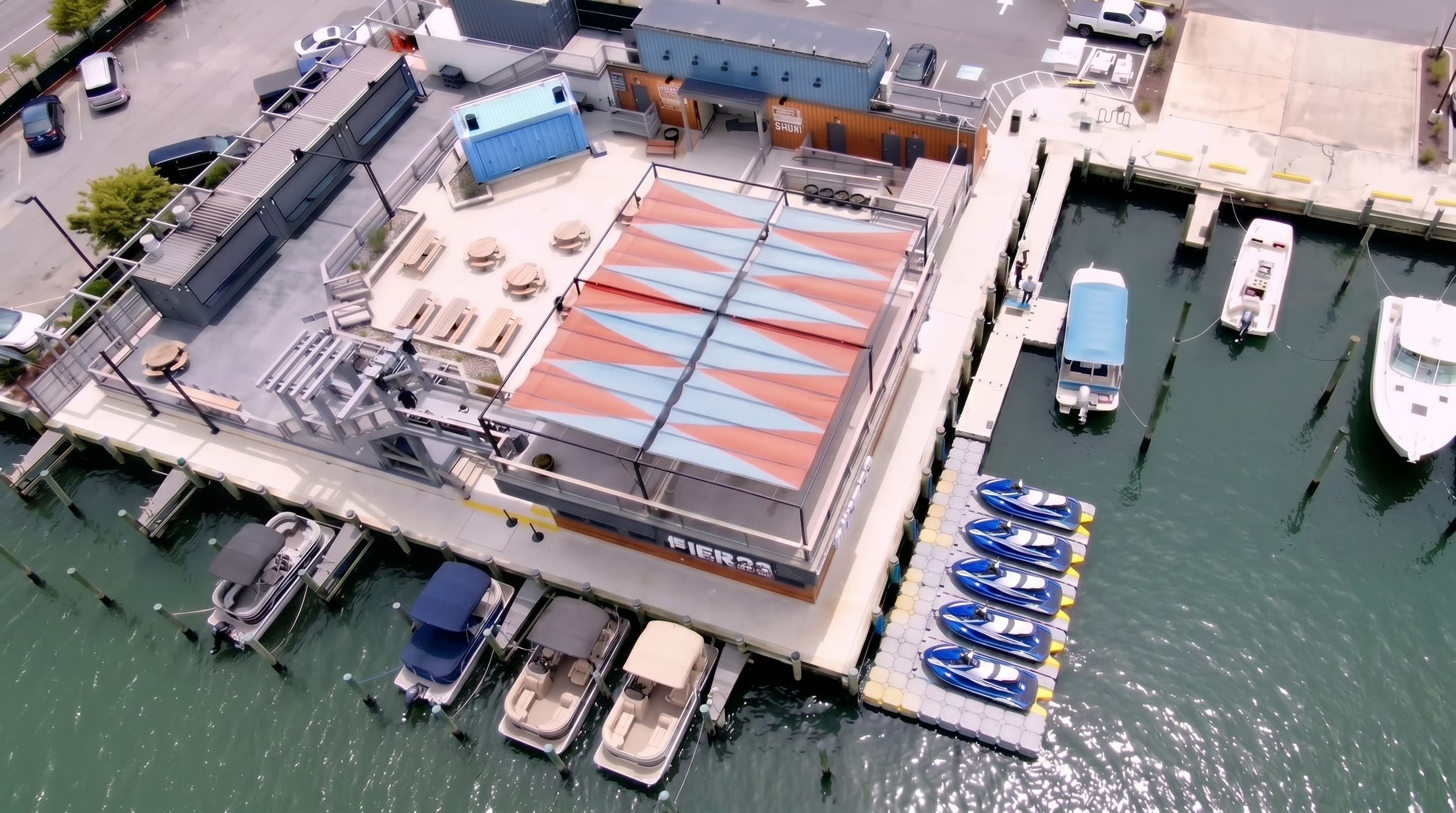 Aerial view of OCA Watersports dock at 12817 Harbor Rd Ocean City MD