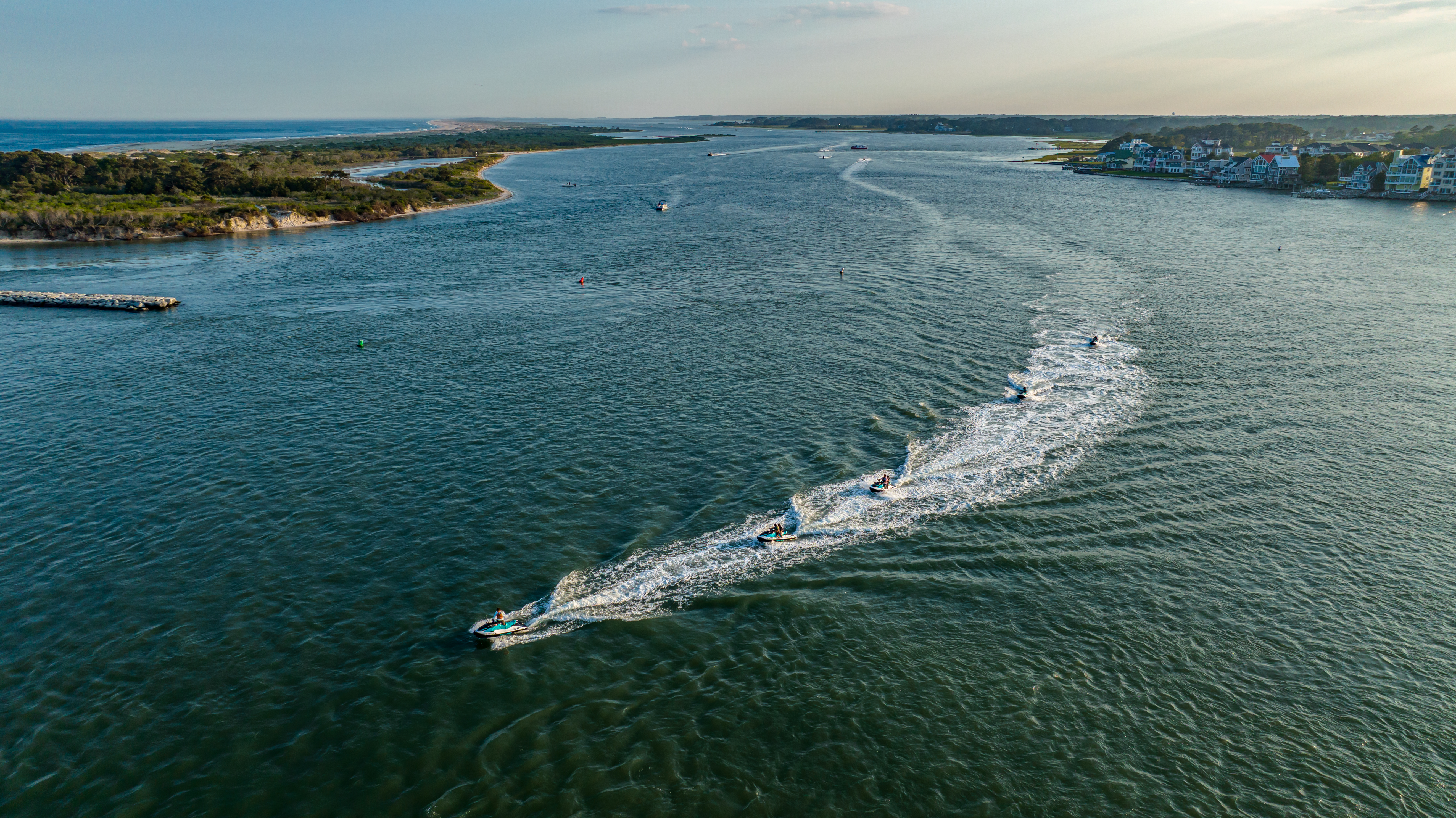 Aerial view of Ocean City Maryland bay and Assateague Island coastline — the 6 mile jet ski route