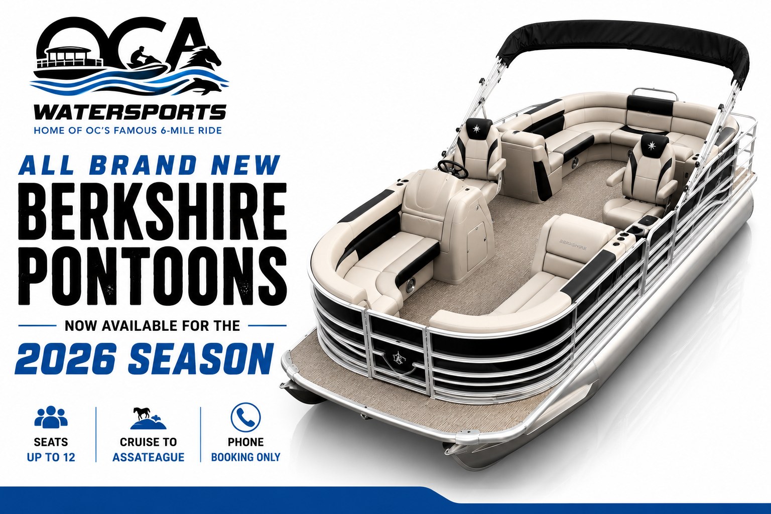 All brand new Berkshire pontoon boats with 115hp Mercury motors, available for the 2026 season at OCA Watersports in Ocean City MD