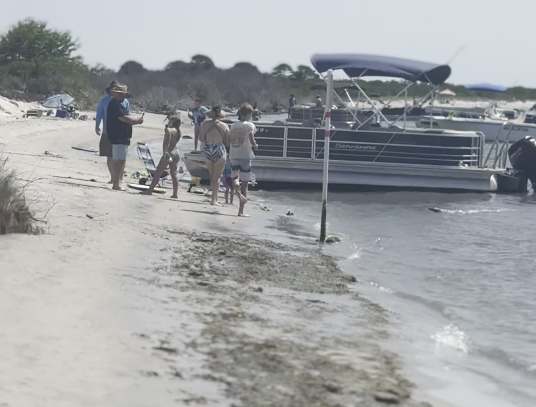 Pontoon boats pulled up on the bayside beach at Assateague Island